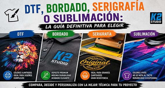Comparativa entre DTF, bordado, serigrafía y sublimación para personalización textil